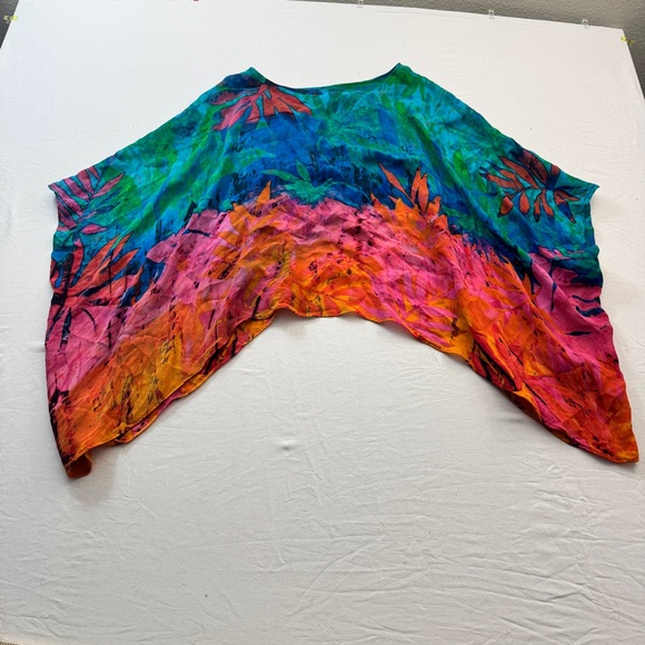 Lightweight Airy Colorful Abstract Poncho Top 100% Silk - Picture 3 of 7